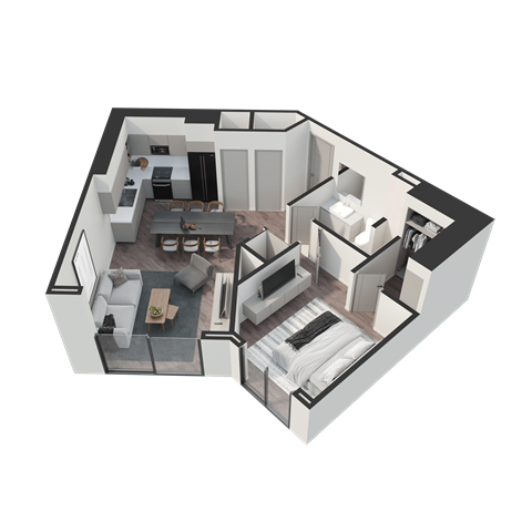 A 3D rendered image of a modern house interior.